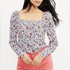 LOFT Bloom Smocked Square Neck Top Long Sleeves Size Small NWTs